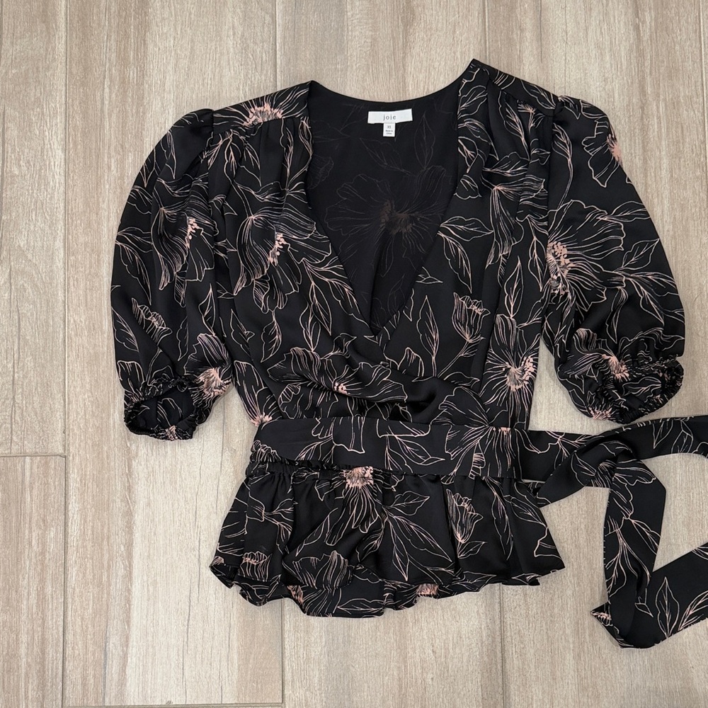 Joie Black and Pink Floral Wrap Blouse